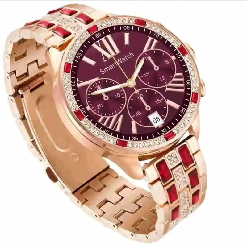 Smartwatch de lujo rosa con detalles en rojo y cristales