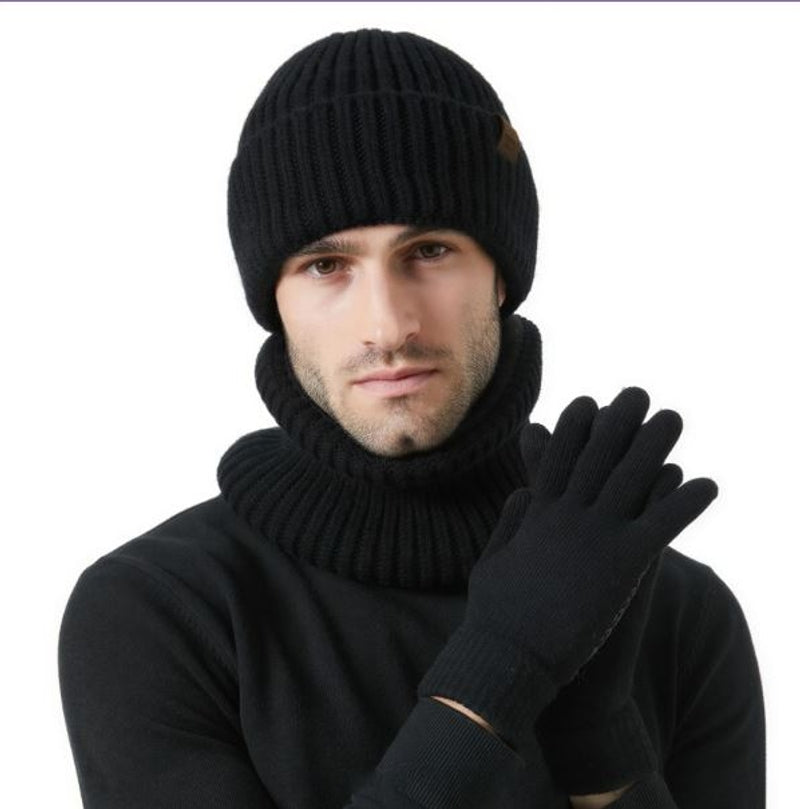 Conjunto de invierno masculino negro con gorro, bufanda y guantes